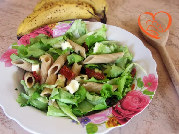 Insalata con pasta integrale, pomodori secchi e formaggio