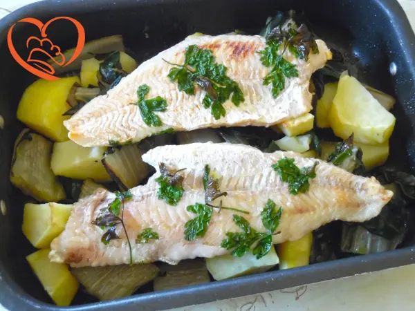 Merluzzo su coste e patate al forno